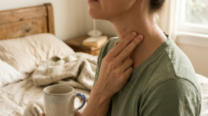 A close, warm photograph of a person pressing an acupressure point at the side of their neck with two fingers among rumpled bed linen.