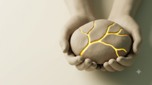 A sculpted matte clay river stone cradled in cupped hands, with a bright branching golden pathway spreading across it.