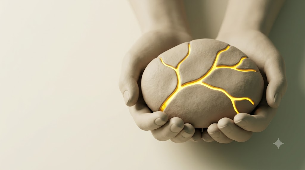 A sculpted matte clay river stone cradled in cupped hands, with a bright branching golden pathway spreading across it.