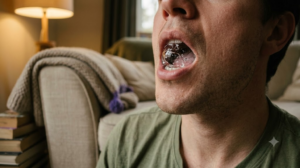 A person tipping their head back to gargle water, seen close on a sofa in warm lamplight.