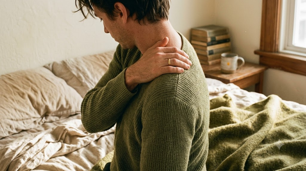 A person kneading the muscle between their neck and shoulder with one hand in a warm, lived-in room.