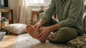 A person seated on a worn rug pressing a thumb into the arch of their own bare foot in early morning light.