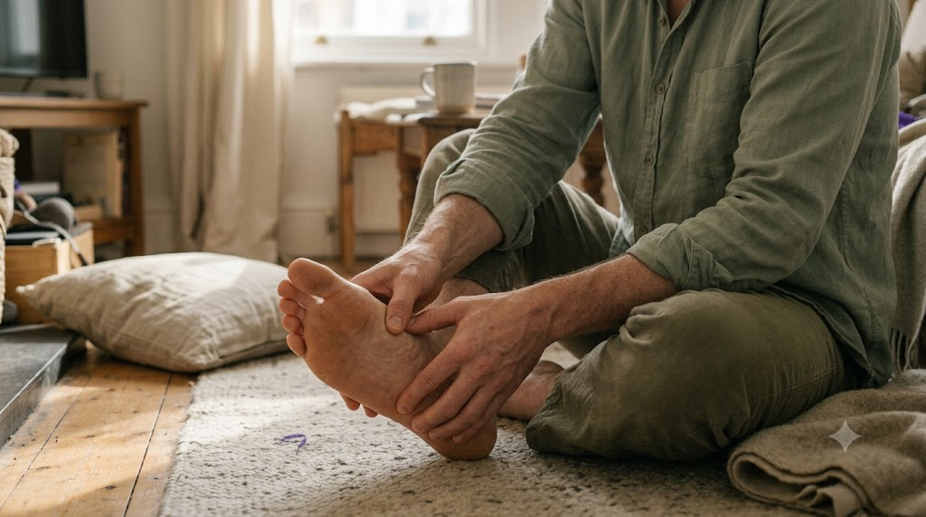 A person seated on a worn rug pressing a thumb into the arch of their own bare foot in early morning light.