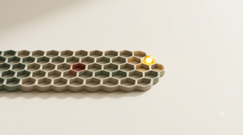 Low-angle clay strip of honeycomb cells in sage and putty tones, one cell terracotta and another holding a glowing golden bead.