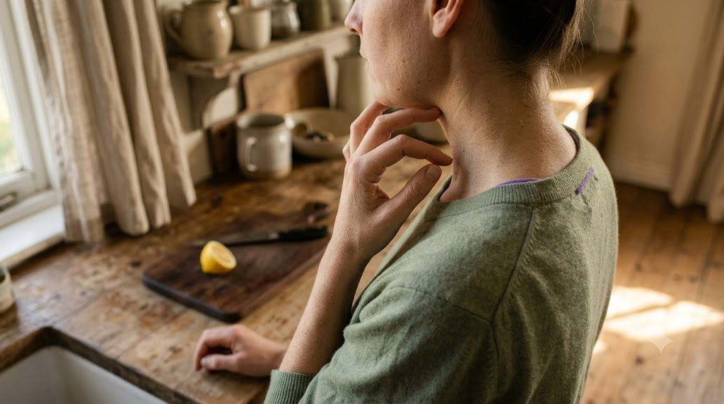 Seen from behind at a wooden counter, a person taps their fingertips lightly along their collarbone in morning light.