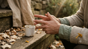 A close, warm photograph of a person counting a slow breath out on their fingers while sitting on a low step among fallen leaves.