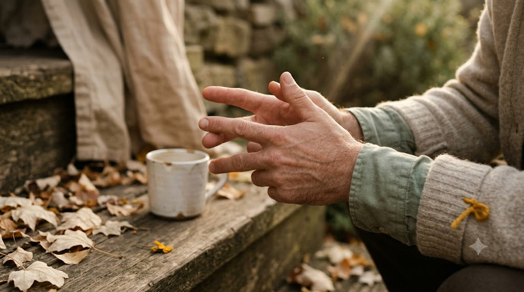 A close, warm photograph of a person counting a slow breath out on their fingers while sitting on a low step among fallen leaves.