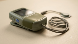 A small unbranded wearable nerve stimulator with an ear clip and short cable on a cream board.