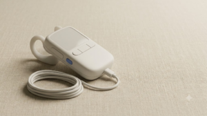 A product photograph of a small unbranded wearable nerve stimulator with a silicone ear clip and coiled cable on linen cloth.