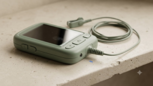 A small unbranded sage handheld nerve stimulator with a dark screen and an ear clip electrode on a coiled cable, on a pale stone shelf.