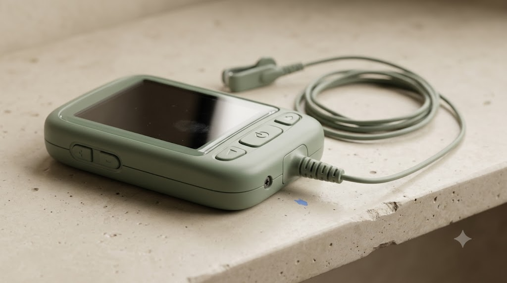 A small unbranded sage handheld nerve stimulator with a dark screen and an ear clip electrode on a coiled cable, on a pale stone shelf.