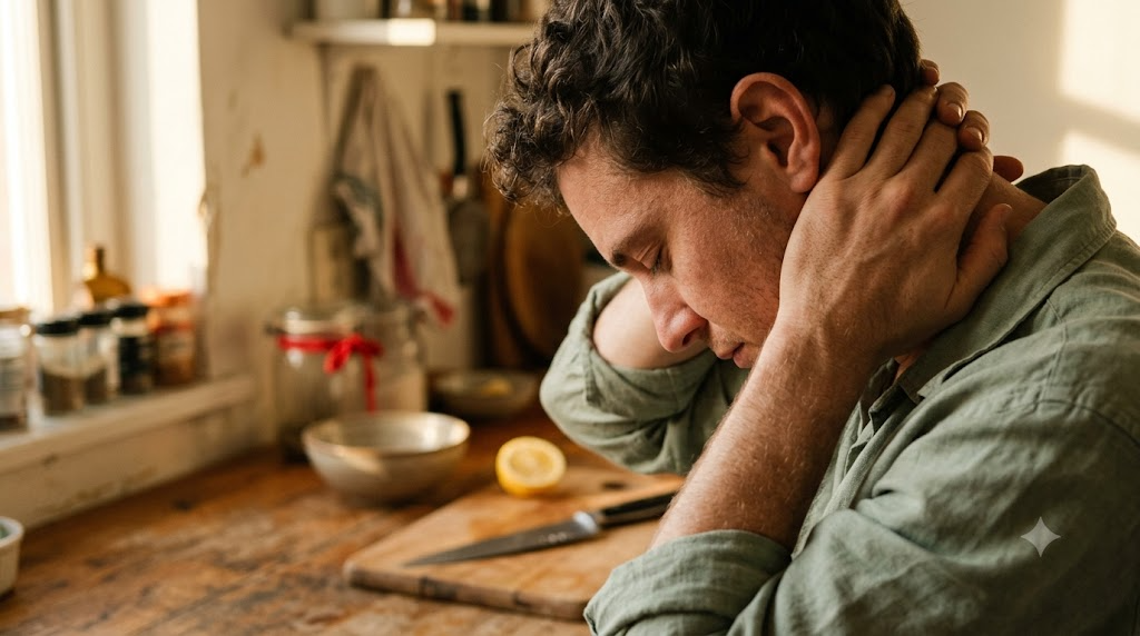 In profile with eyes closed, a person kneads the muscles at the base of their skull with both hands in raking afternoon light.