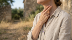A person in profile on an outdoor bench massaging the side of their own neck with two fingers in warm late afternoon light.