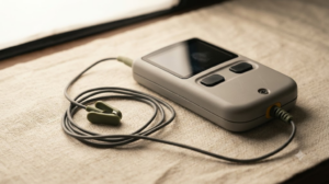 A small unbranded handheld nerve stimulator with an ear clip on a thin cable, photographed on slubby linen cloth.