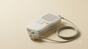 A small handheld nerve stimulator with an ear clip on a plain backdrop.