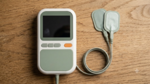 An overhead flat lay of a sage nerve stimulation unit with a coiled lead and two electrode pads on oak.