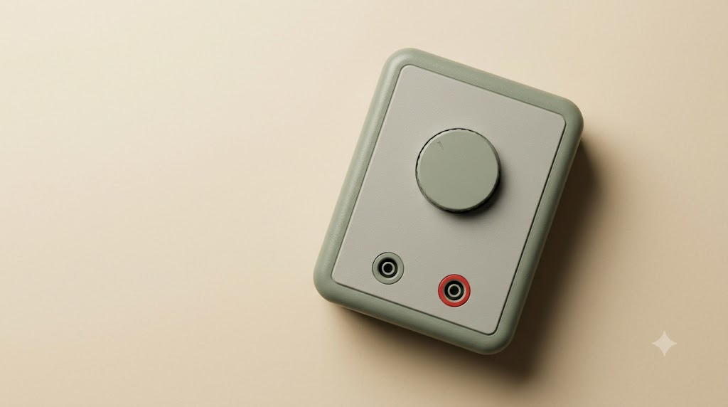 A product photograph of a small plain desktop nerve stimulation unit with a single dial and two lead sockets on a plain backdrop.
