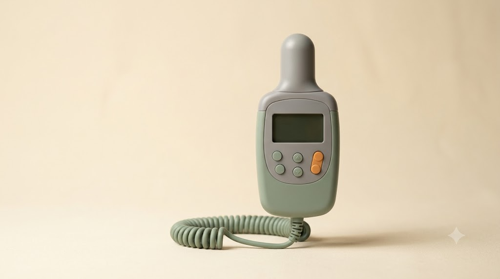 A small plain handheld nerve stimulator with a rounded probe tip and coiled cable on a matte cream backdrop.