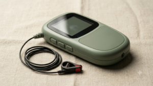 A photograph of a small sage handheld nerve stimulator with a dark screen and a coiled cable with an ear clip electrode on slubby linen cloth.