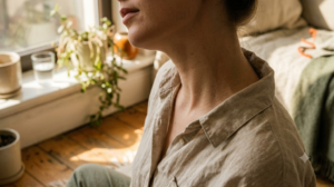 A close view cropped at the chin of a person rolling their head to one side to release their neck by a sunlit windowsill.