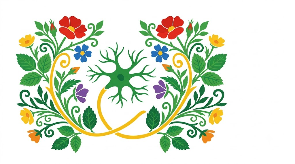 A flat folk-art vector illustration of a branching nerve cell framed by stylised poppies, leaves and golden vines on a white background.
