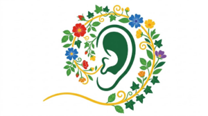 A flat vector folk-art illustration of a human ear canal on a white background.