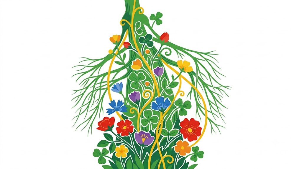 A flat folk-art vector illustration of a human vagus nerve winding through stylised flowers and vines on a white background.