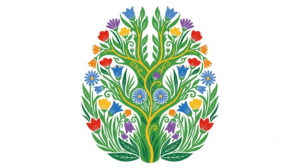 A flat folk-art illustration of a branching cranial nerve filled with a garden of bellflowers, asters and slender grasses.