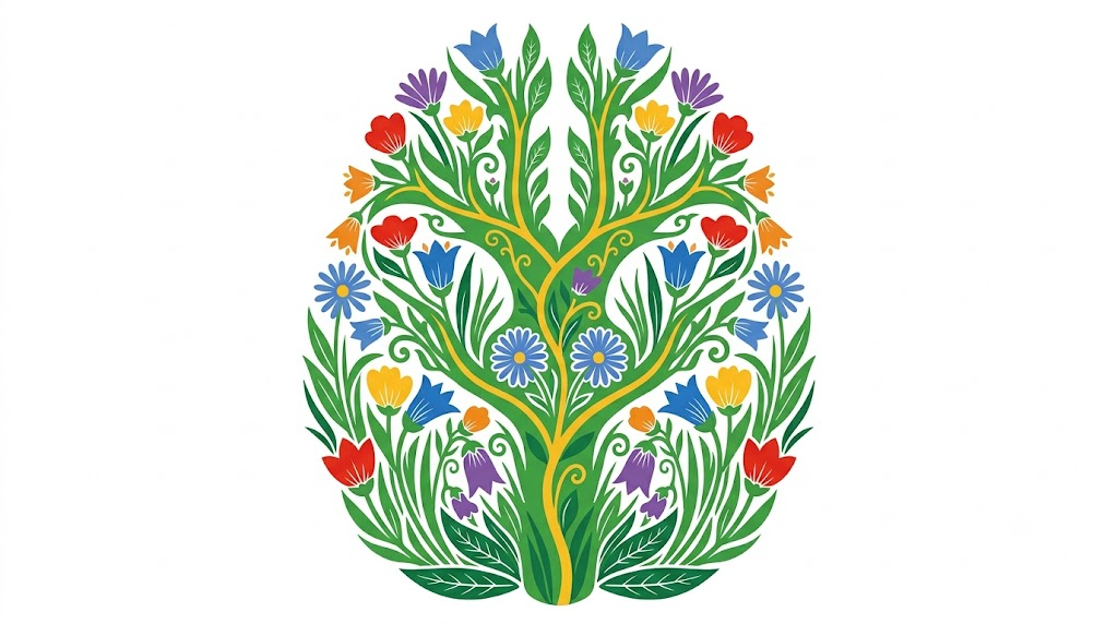 A flat folk-art illustration of a branching cranial nerve filled with a garden of bellflowers, asters and slender grasses.
