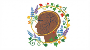 Flat vector illustration of a human head in profile with the trigeminal nerve branching across the face, wound loosely with vines, lupins and forget me nots.