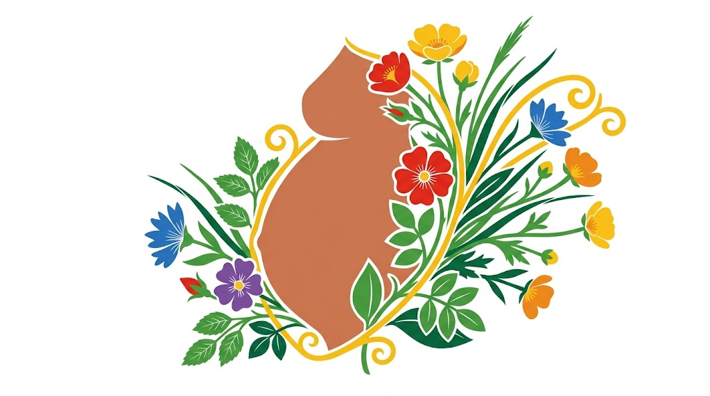 A flat vector folk-art illustration of a pregnant human abdomen in profile on a white background.