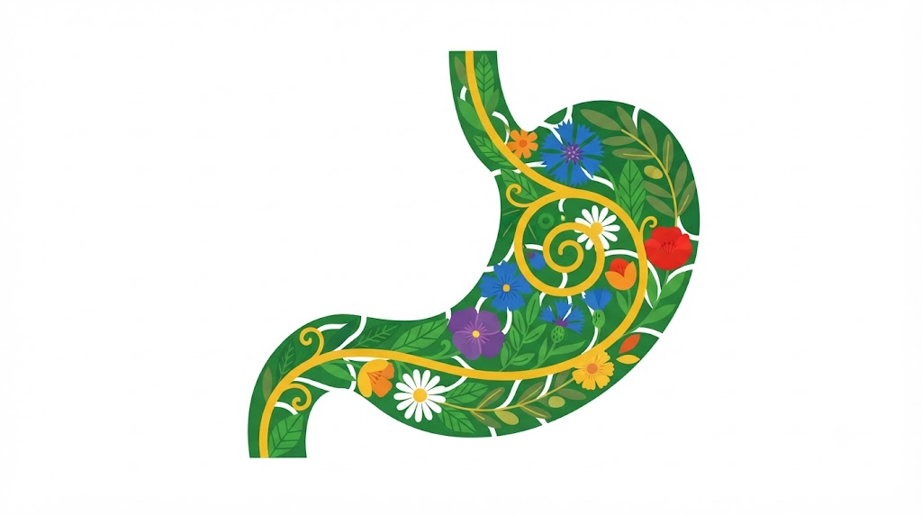 Flat vector illustration of a human stomach and oesophagus filled edge to edge with stylised cornflowers and daisies like a stained glass panel.