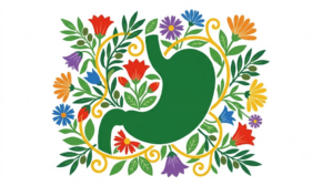 A flat folk-art vector illustration of a human stomach framed by stylised flowers and curling vines on white.