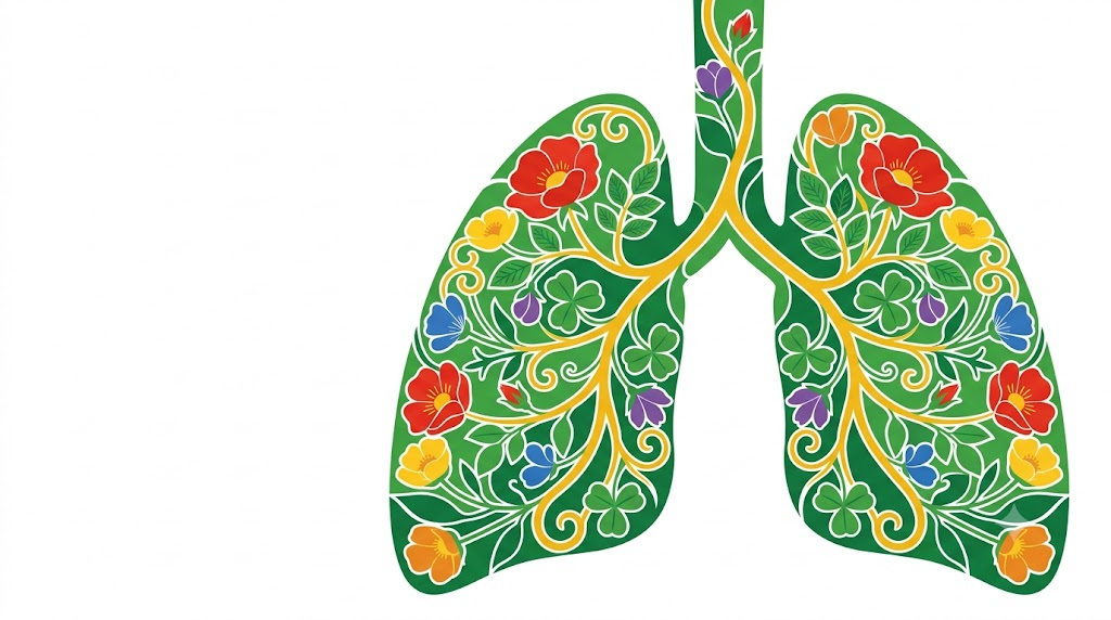 A flat folk-art vector illustration of a pair of human lungs and windpipe filled with stylised flowers, leaves and golden vine scrollwork on a white background.