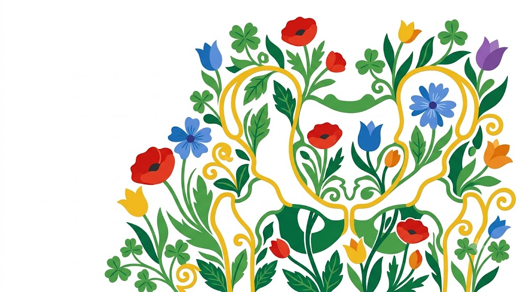 A flat folk-art vector illustration of a human pelvis framed by stylised flowers, leaves and curling vines on a white background.