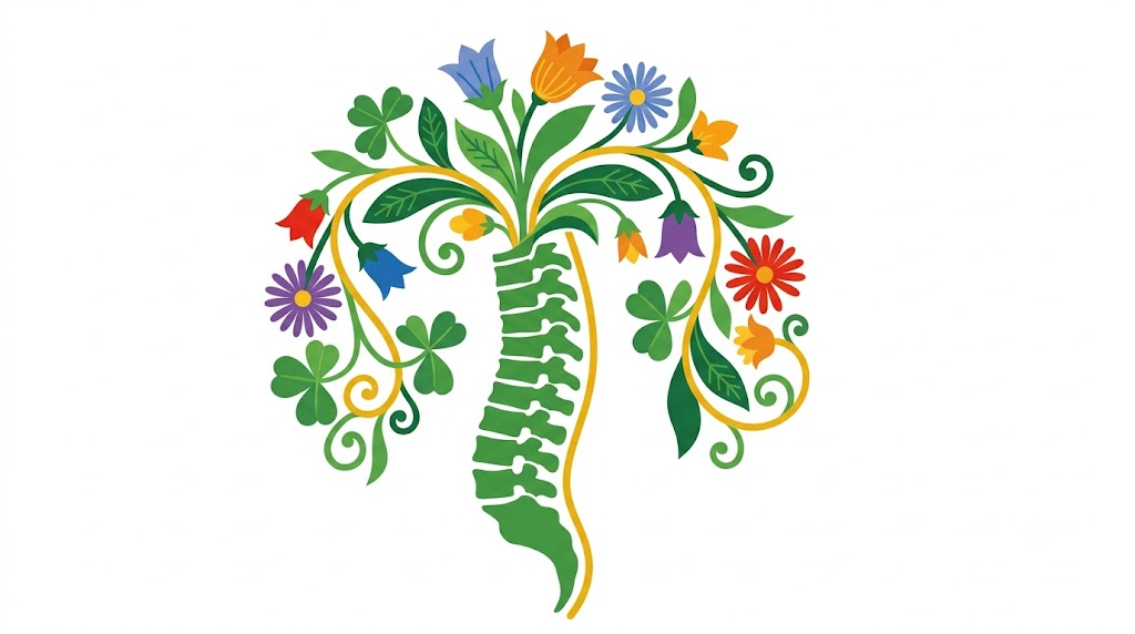 A flat vector folk-art illustration of a human spine surrounded by stylised flowers and a golden vine on a white background.