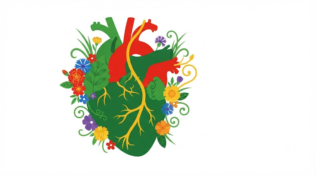 Flat vector illustration of a human heart with its coronary arteries, small clusters of stylised marigolds and blossoms tucked along the outline.