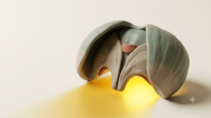 A sculpted matte clay human diaphragm muscle, marked by one bright golden light element.