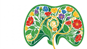 A flat folk-art vector illustration of a human diaphragm decorated with stylised flowers on white.