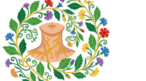A flat folk-art vector illustration of a human neck and throat encircled by vines, cornflowers and daisies on a white background.