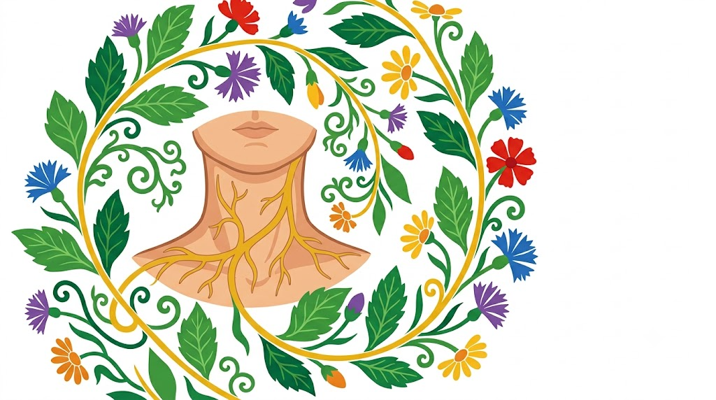 A flat folk-art vector illustration of a human neck and throat encircled by vines, cornflowers and daisies on a white background.