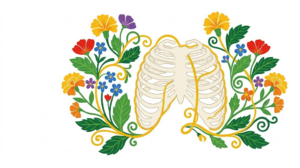 A flat folk-art vector illustration of a human ribcage framed by stylised marigolds, poppies and leaves with golden vines on a white background.