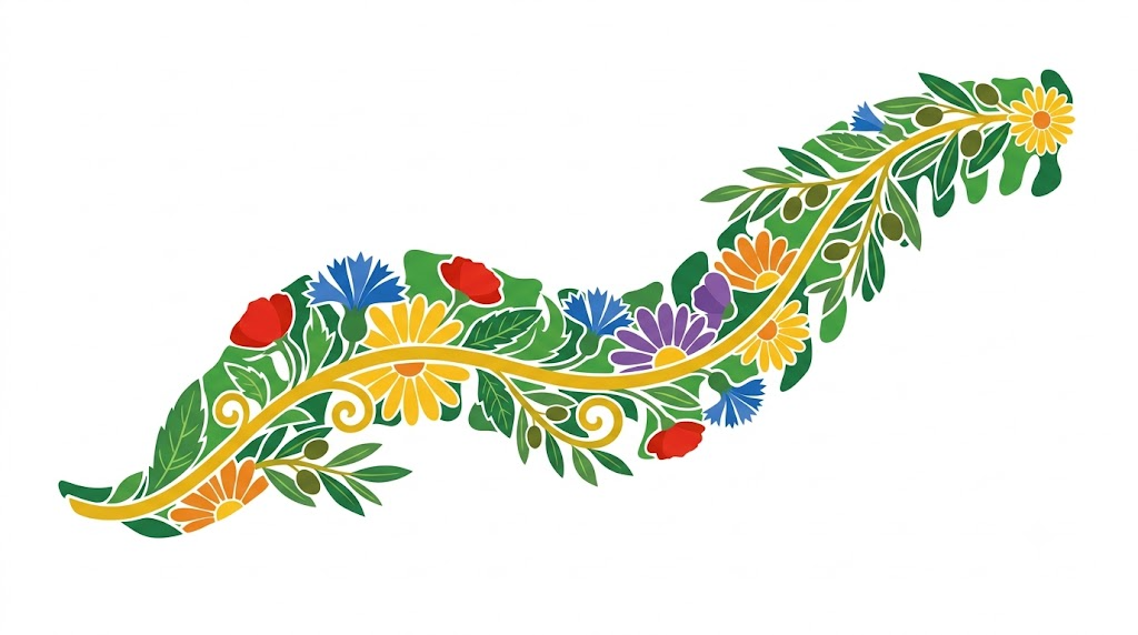 A flat folk-art vector illustration of a spinal cord filled with cornflowers, daisies and olive sprigs.