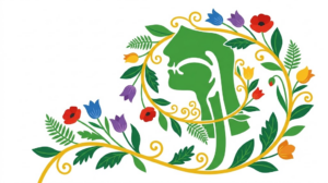 A flat folk-art vector illustration of a human throat and oesophagus framed by stylised flowers, leaves and curling vines on white.