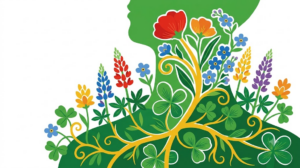 Flat vector folk-art illustration of a human neck and shoulders in profile with stylised flowers and a golden vine.