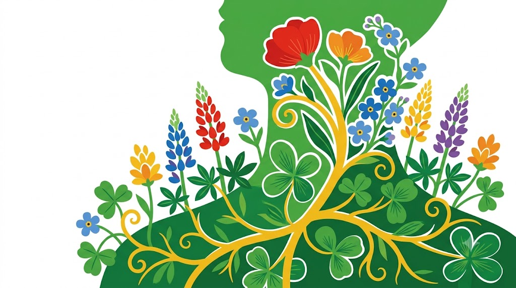 Flat vector folk-art illustration of a human neck and shoulders in profile with stylised flowers and a golden vine.