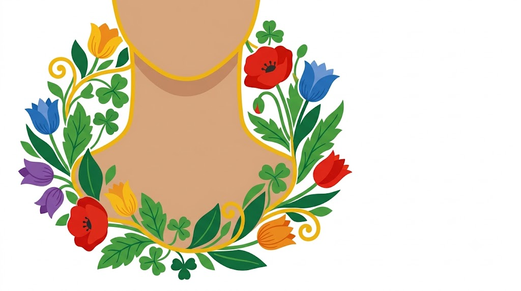 A flat vector folk-art illustration of a human neck encircled by a wreath of stylised poppies and tulips on a white background.