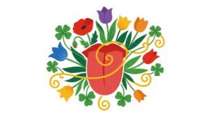 A flat folk-art vector illustration of a human tongue as a solid silhouette with stylised flowers behind it on white.
