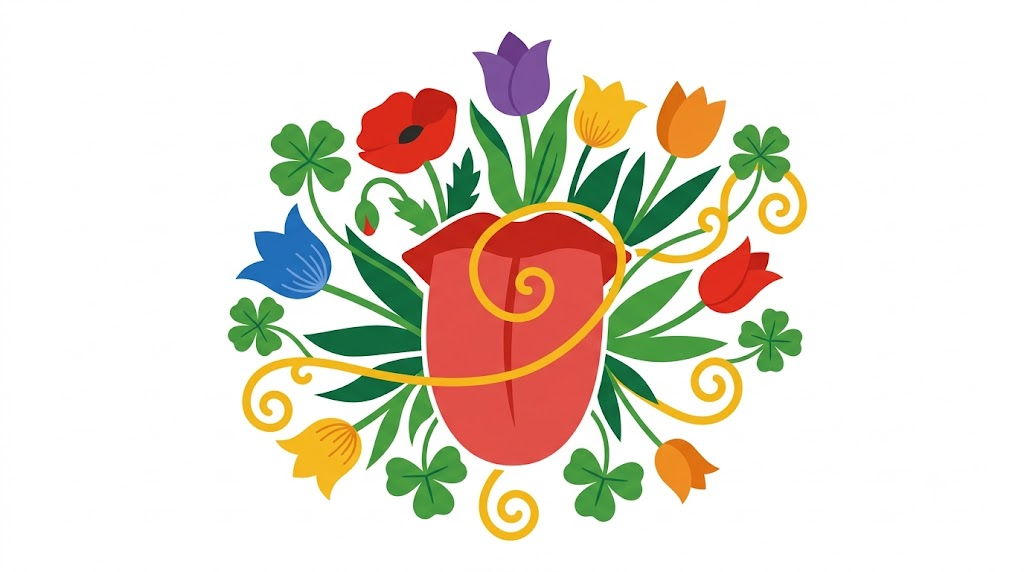A flat folk-art vector illustration of a human tongue as a solid silhouette with stylised flowers behind it on white.