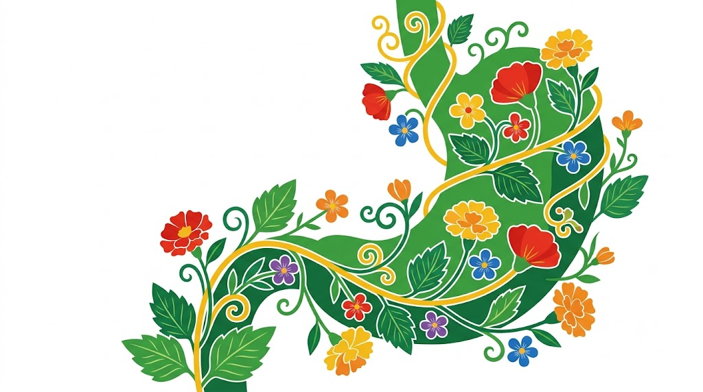 A flat folk-art vector illustration of a human stomach ringed by stylised flowers and curling vines on a white background.